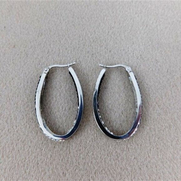 131/127   Midas 925 Malaysia Hoop Earrings Black / Clear Stones 1 1/2in - Picture 2 of 5